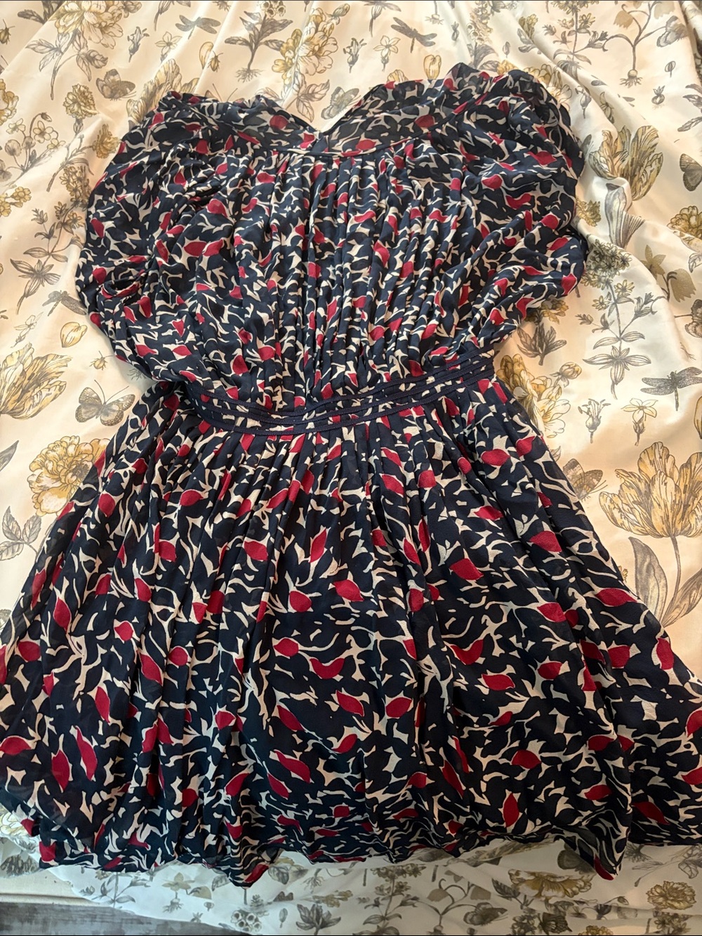 Joie Navy Floral-Print Mini Dress with Red Accents